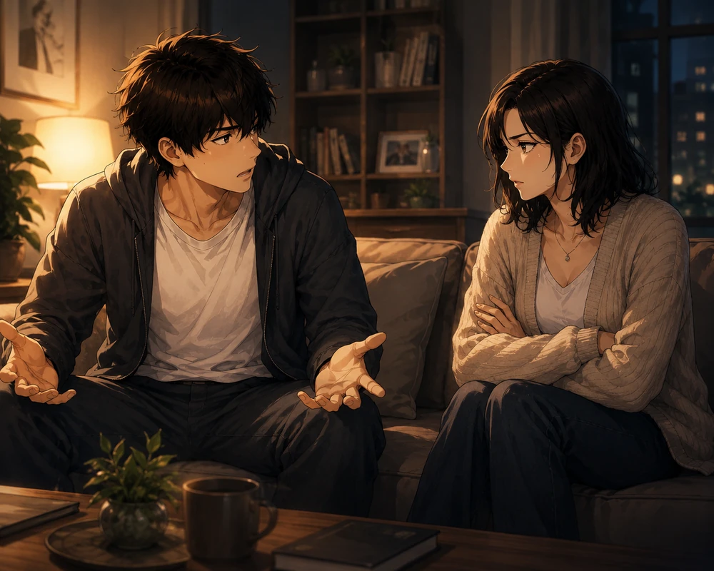 A couple discusses spending an evening apart in a warmly lit living room.