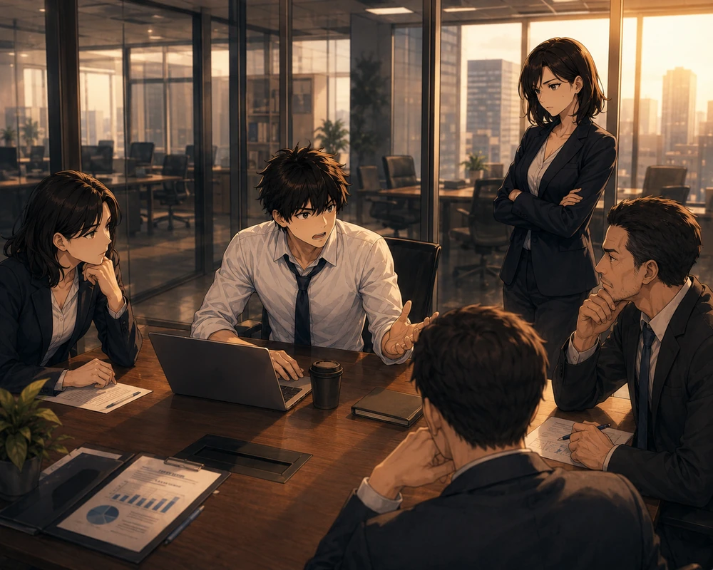 A young employee discusses a remote-work request with colleagues in a modern office meeting room.