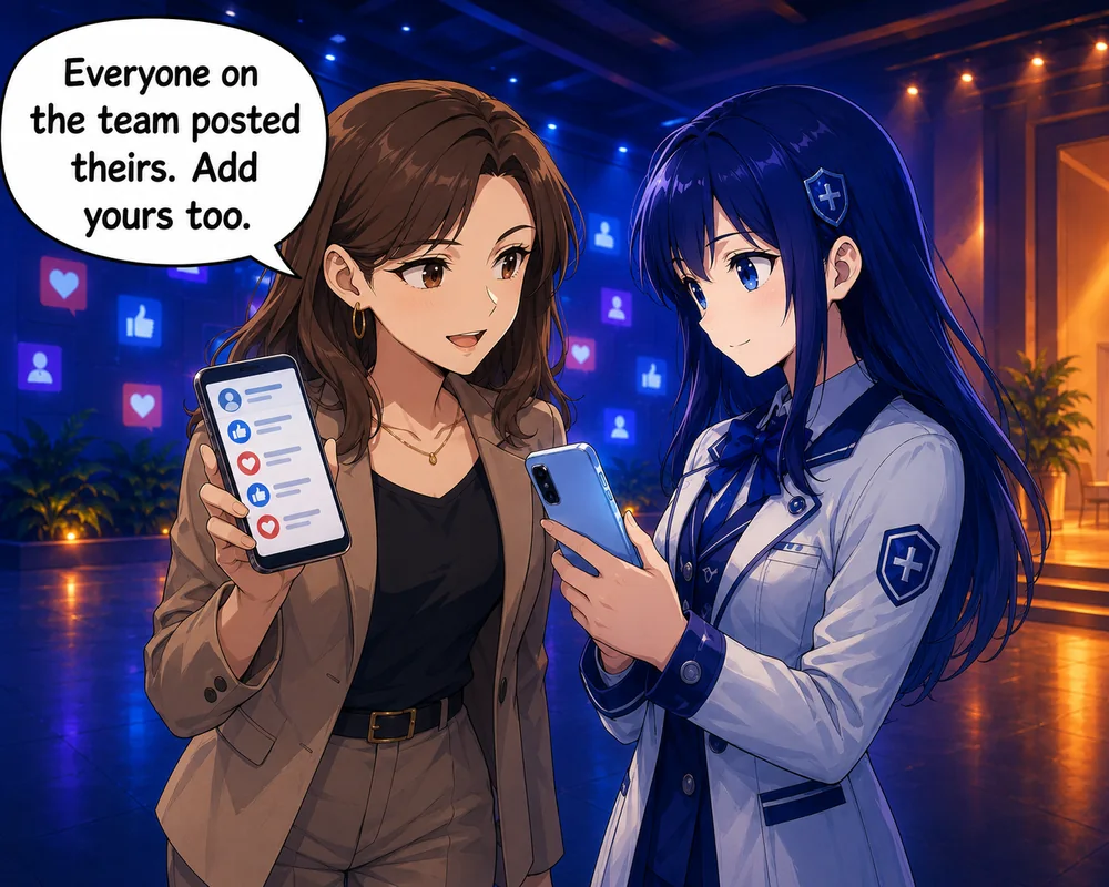 At a social-media display, a woman shows her phone and tells a student, “Everyone on the team posted theirs. Add yours too.”
