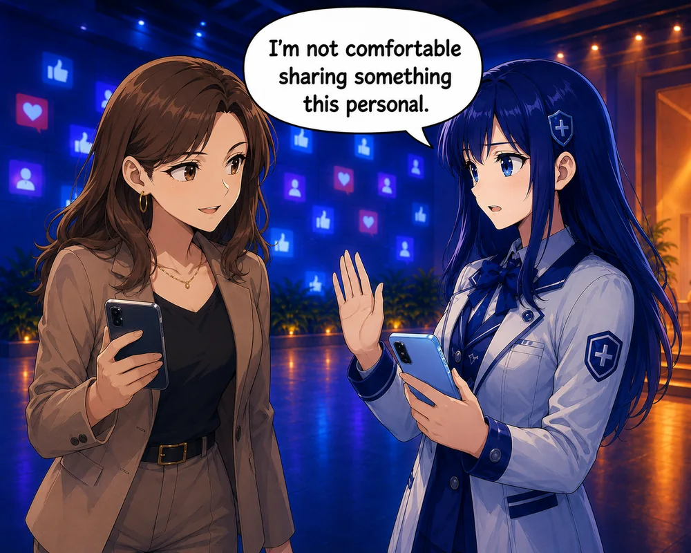 Holding her phone, the student raises one hand and says, “I’m not comfortable sharing something this personal.”