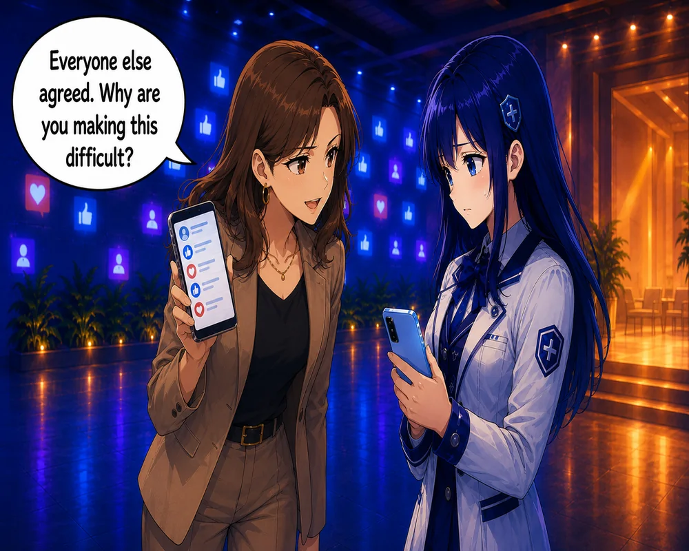The woman holds up her phone and pressures the student: “Everyone else agreed. Why are you making this difficult?”