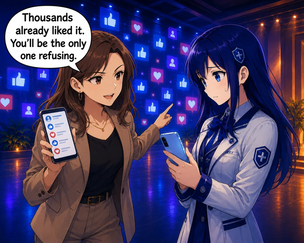 The woman points to approval icons and says, “Thousands already liked it. You’ll be the only one refusing,” while the student looks uncertain.