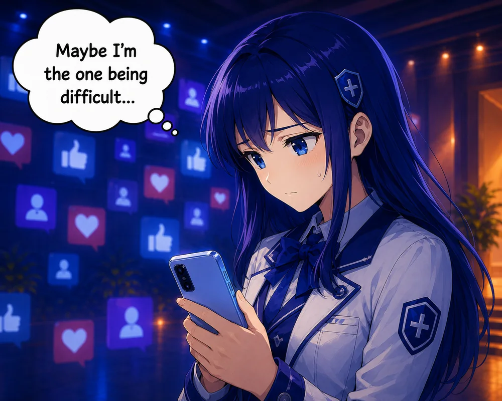 The student looks worriedly at her phone and thinks, “Maybe I’m the one being difficult.”
