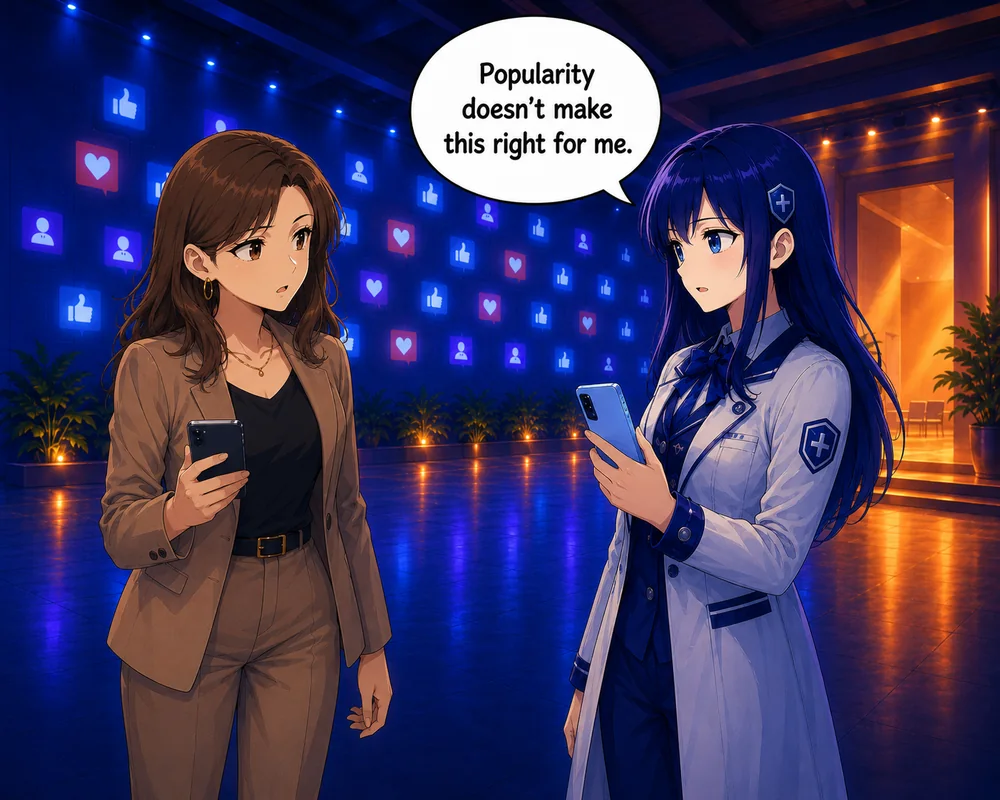 The student faces the woman and says, “Popularity doesn’t make this right for me.”