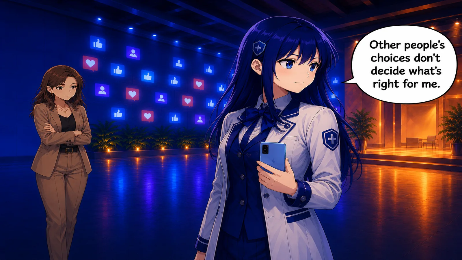 In the foreground, the student holds her phone and says, “Other people’s choices don’t decide what’s right for me,” while the woman watches from a distance.