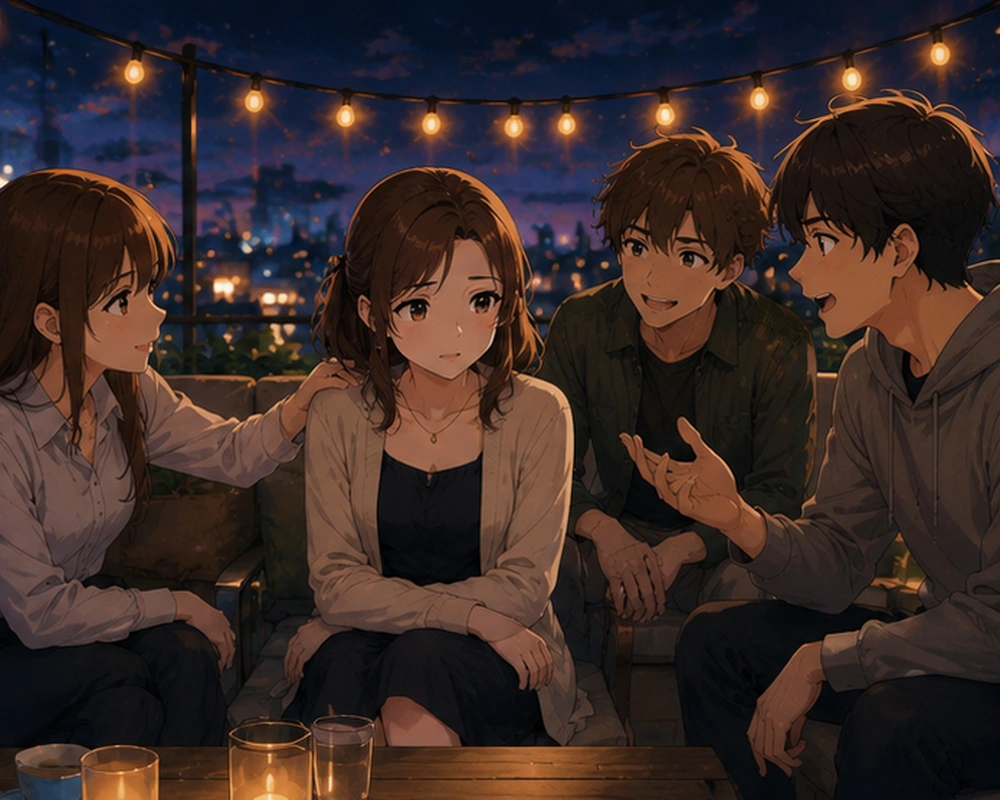 Social Proof — Friends want Clara to share a private story at a public event.