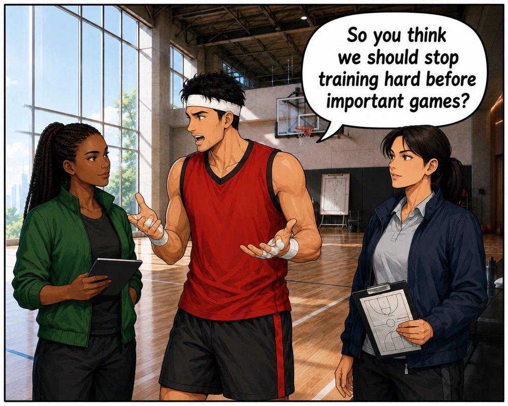 A player replies, “So you think we should stop training hard before important games?”