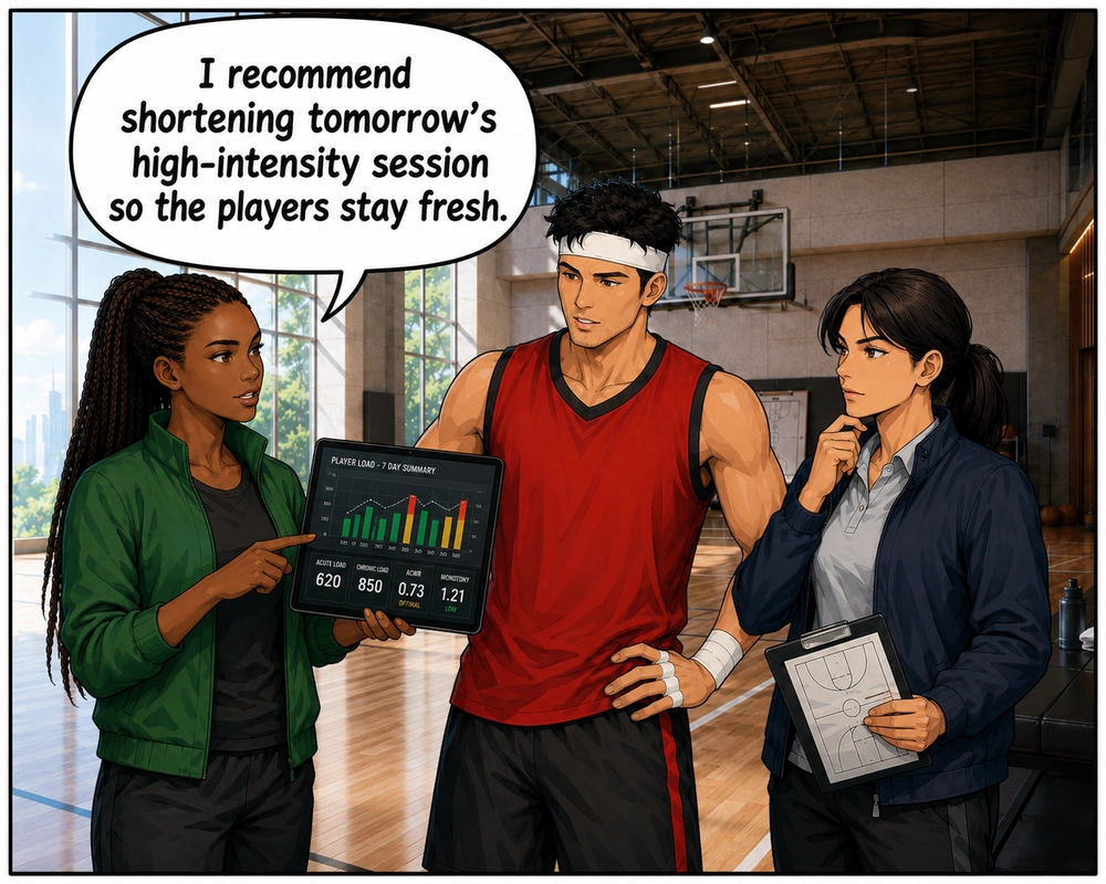 She explains that she recommends shortening tomorrow's high-intensity session so the players stay fresh.