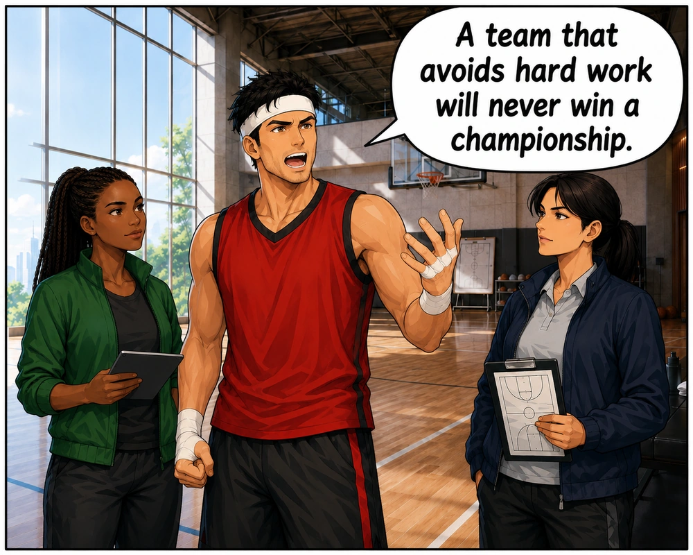 The player attacks the distorted position by claiming that a team which avoids hard work will never win.