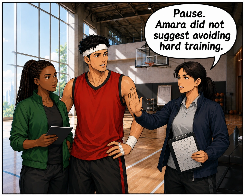 The other coach pauses the exchange and explains that he suggested avoiding hard training even though nobody made that claim.