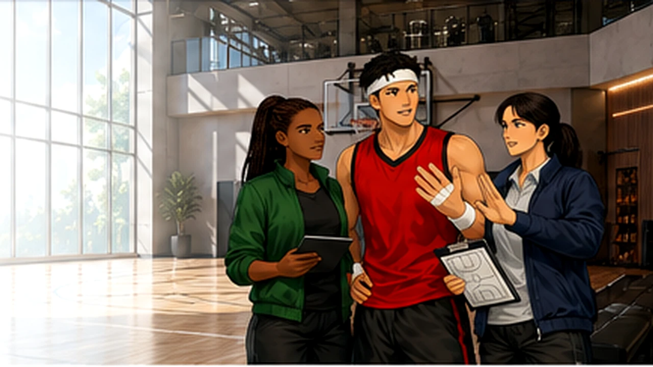 A performance analyst, player, and coach discuss a narrowly defined training adjustment in a modern basketball facility.
