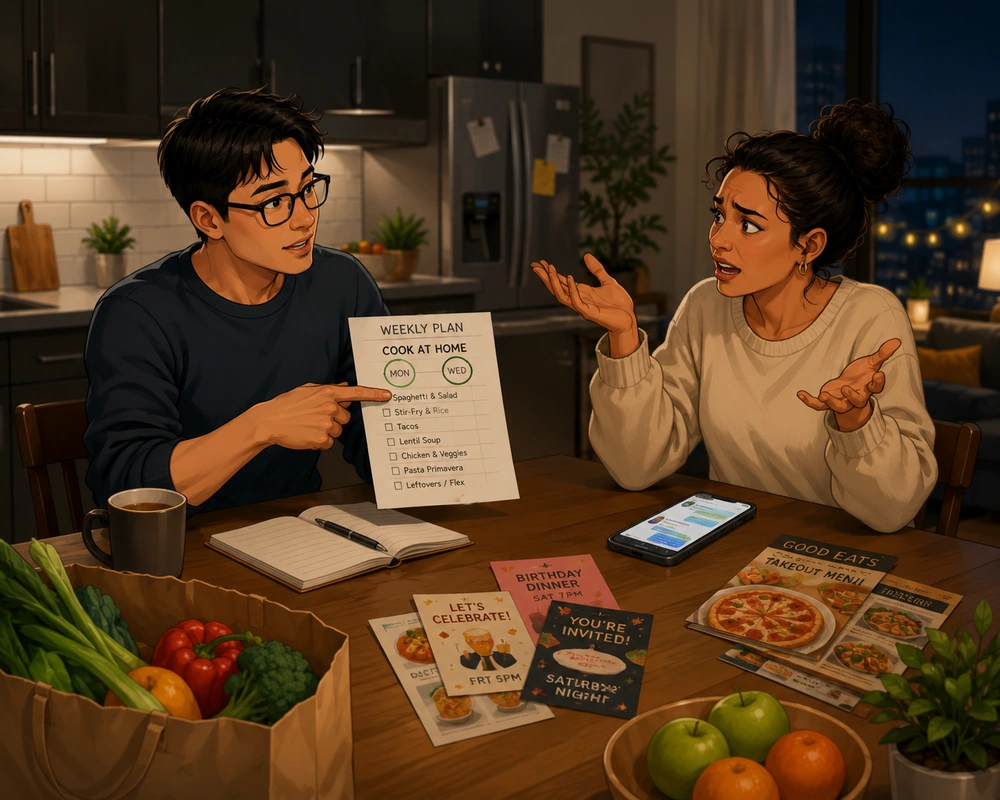 Friends discuss a modest meal-planning idea in a bright community gym after practice.