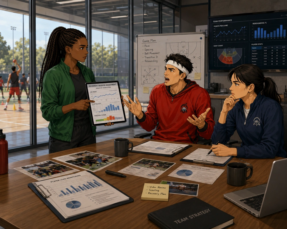 A performance analyst presents a limited training adjustment to a player and coach during a workplace meeting.