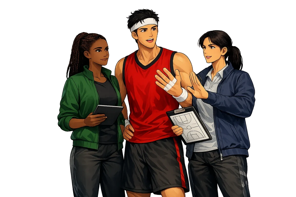 A basketball player and two coaches discuss a training proposal