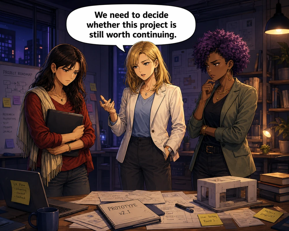 Three colleagues review a troubled project as one says, “We need to decide whether this project is still worth continuing.”