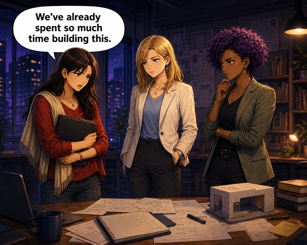 Holding the project folder, a colleague argues, “We’ve already spent so much time building this.”