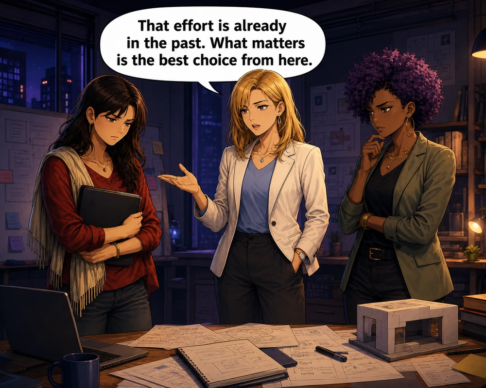 Her colleague responds, “That effort is already in the past. What matters is the best choice from here.”