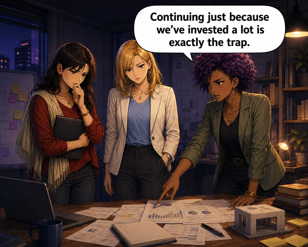 The team identifies the trap of continuing only because they have already invested a lot.