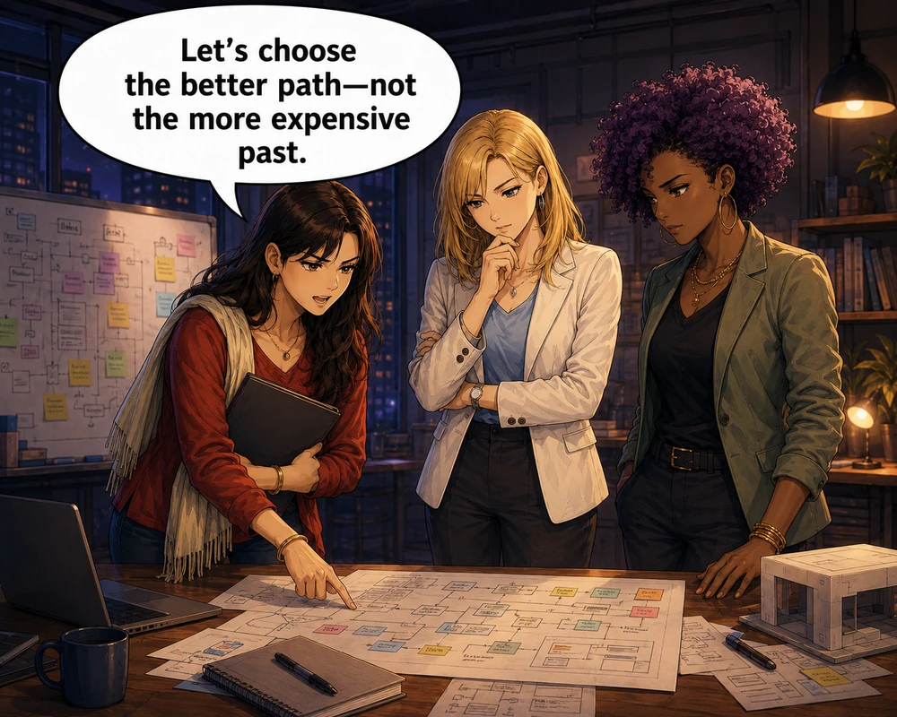 The three colleagues choose the better path instead of remaining bound to the more expensive past.