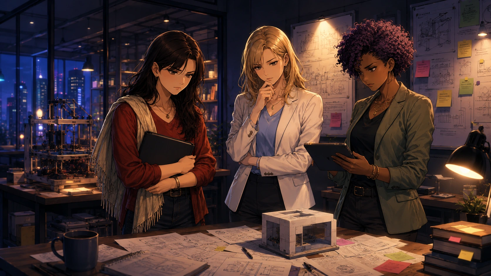 Manga-style poster illustrating a team re-evaluating a troubled project through the lens of sunk cost.