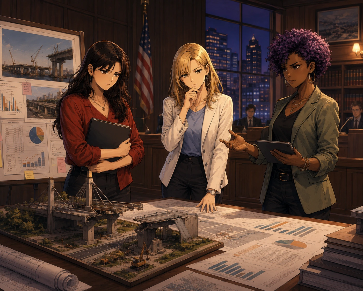 Manga scene illustrating a public infrastructure budget review.