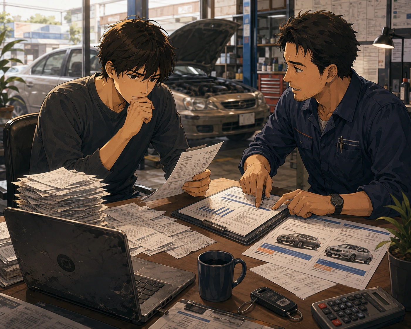 Manga scene illustrating a car-repair decision shaped by sunk costs.