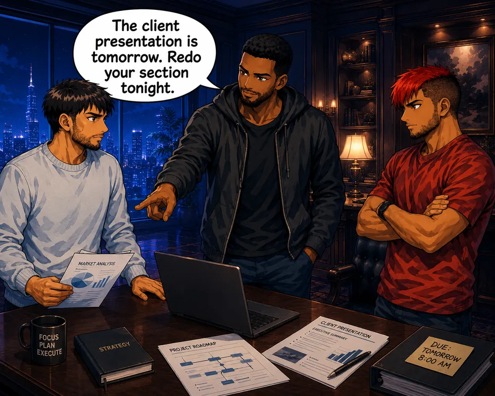 A man tells a colleague, “The client presentation is tomorrow. Redo your section tonight,” while another man watches.