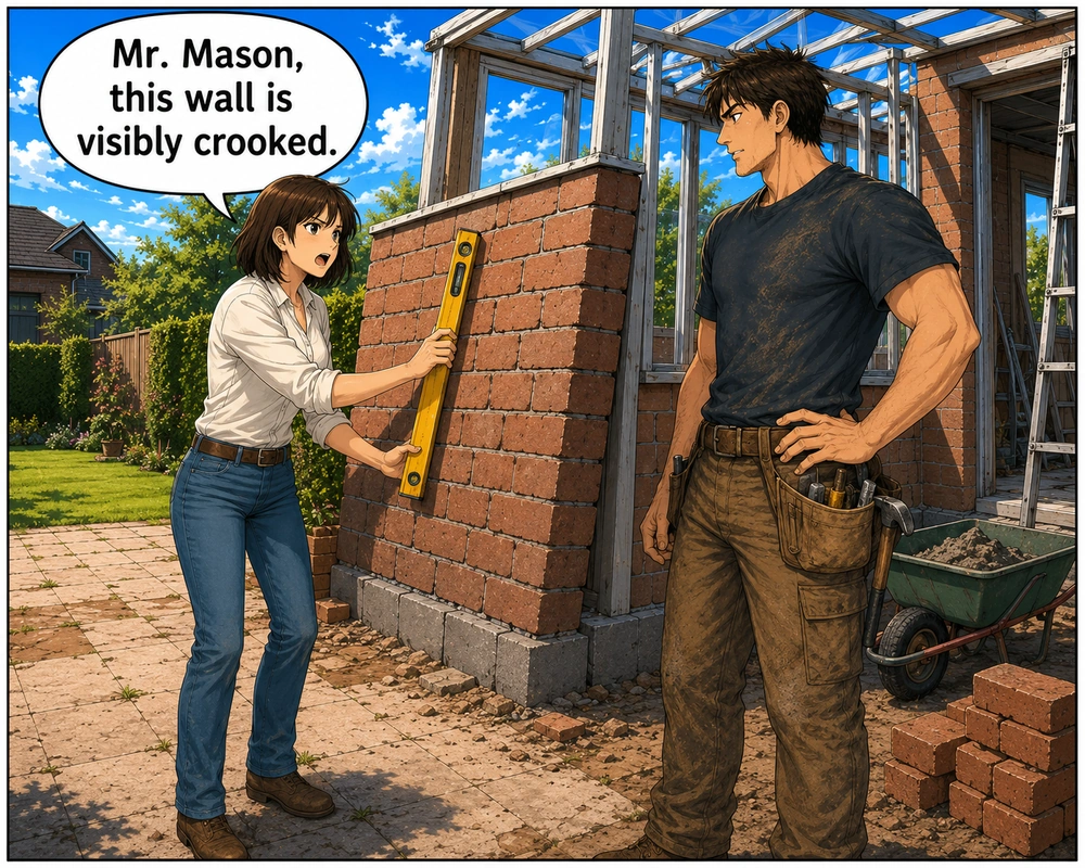 A woman points out that a newly built wall is visibly crooked.