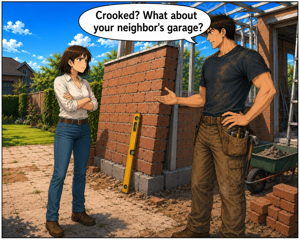The builder avoids the criticism by asking about the neighbor’s garage.