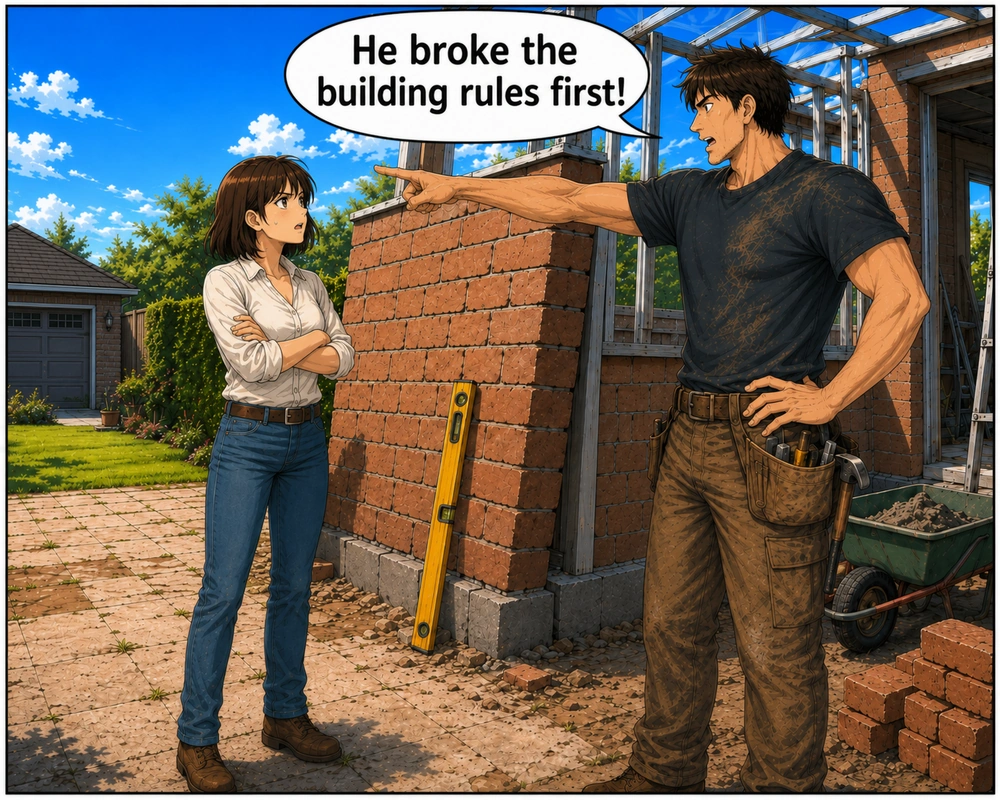 He insists that the neighbor broke the building rules first.