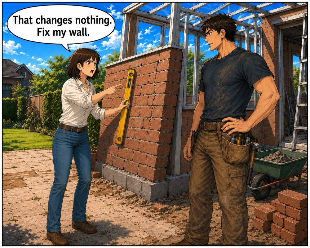 The woman explains that the neighbor’s behavior changes nothing about the crooked wall.