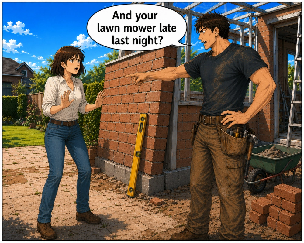 The builder changes the subject again by mentioning her late-night lawn mower.