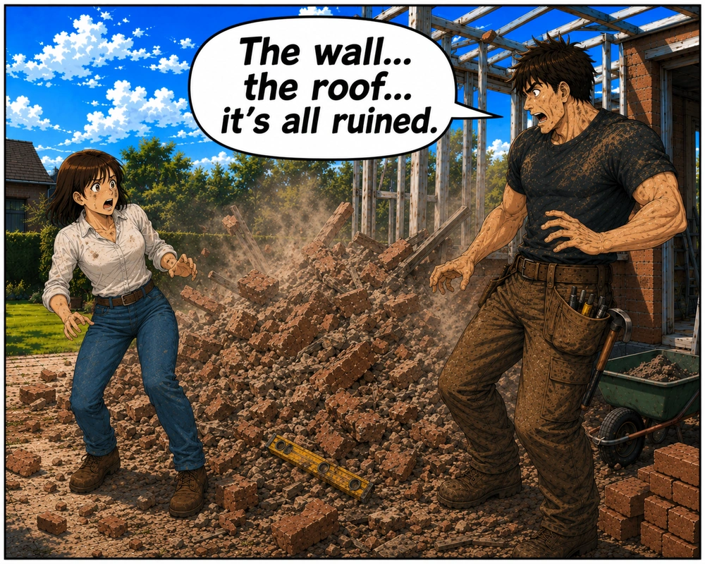 The builder sees that the wall and roof are ruined.