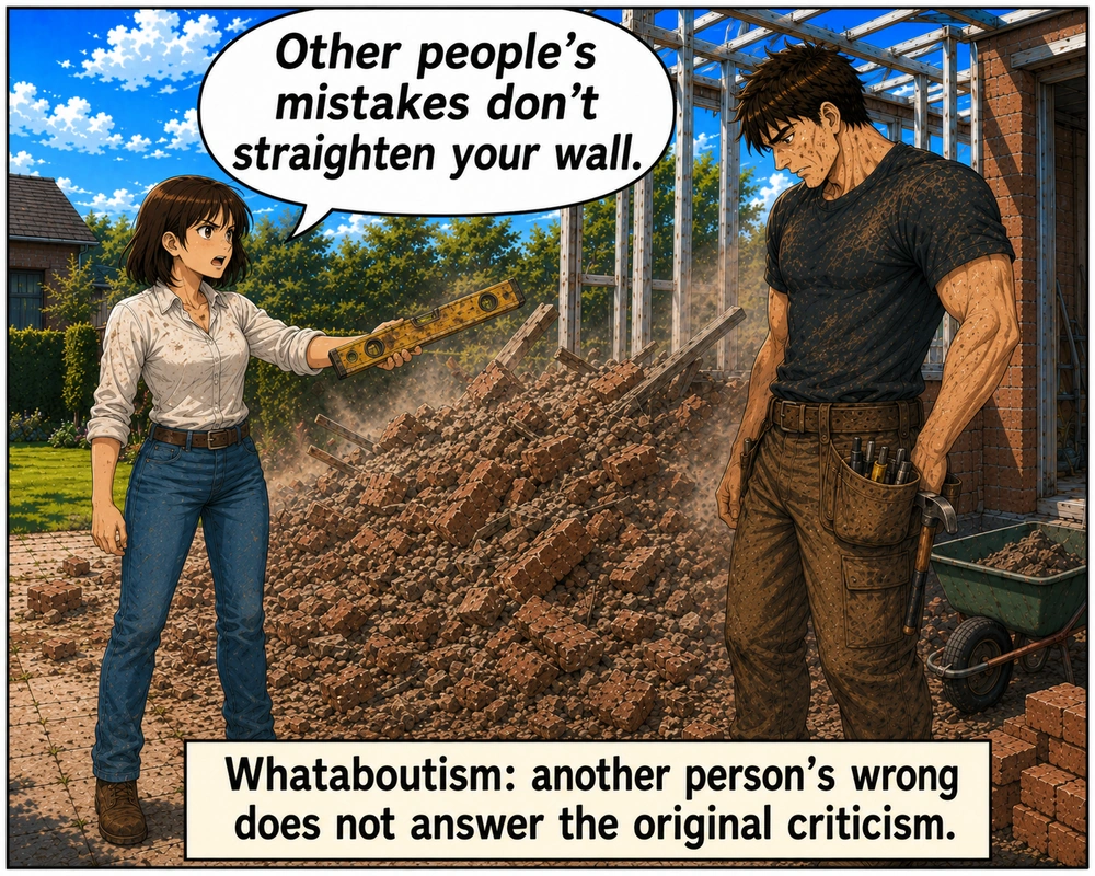 The woman concludes that another person’s mistake does not straighten his wall.