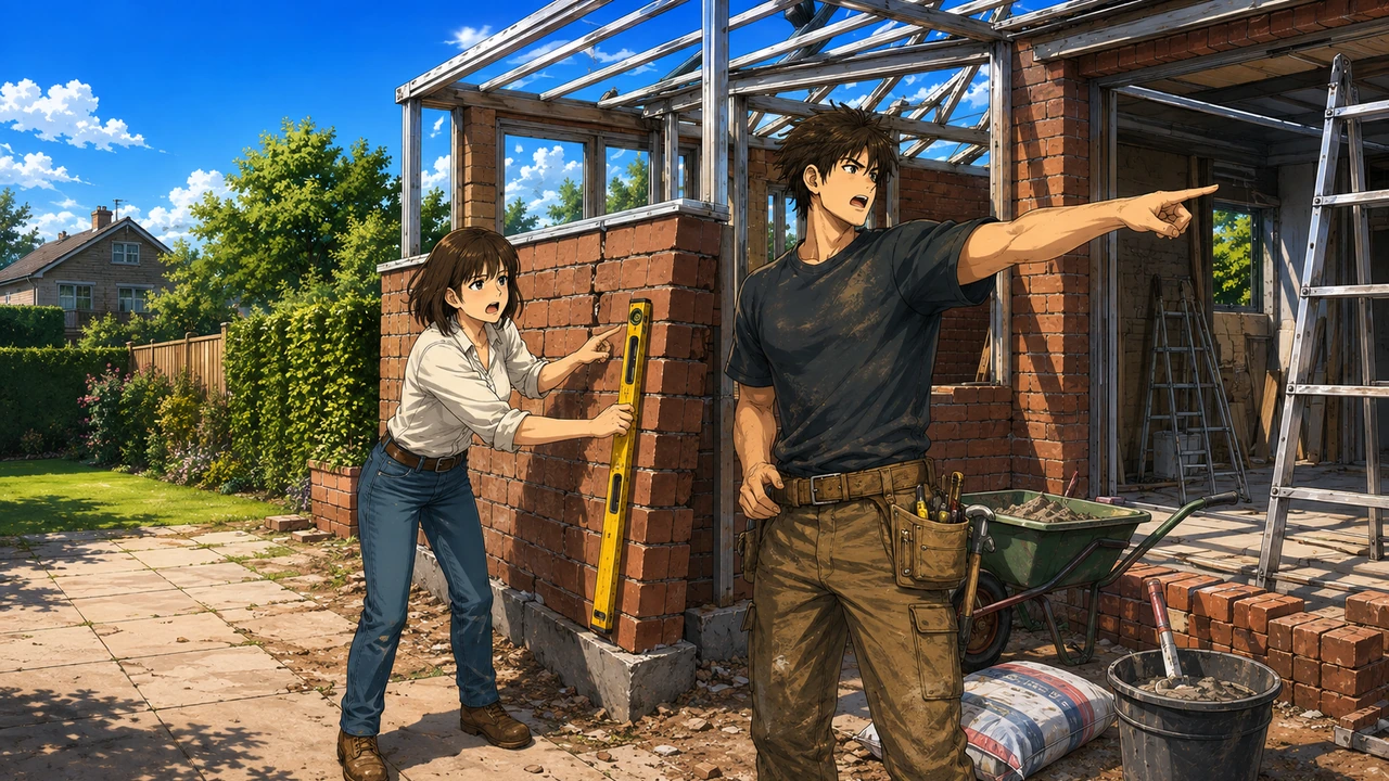 A homeowner checks a crooked brick wall while a contractor points away toward another property instead of addressing the defect.