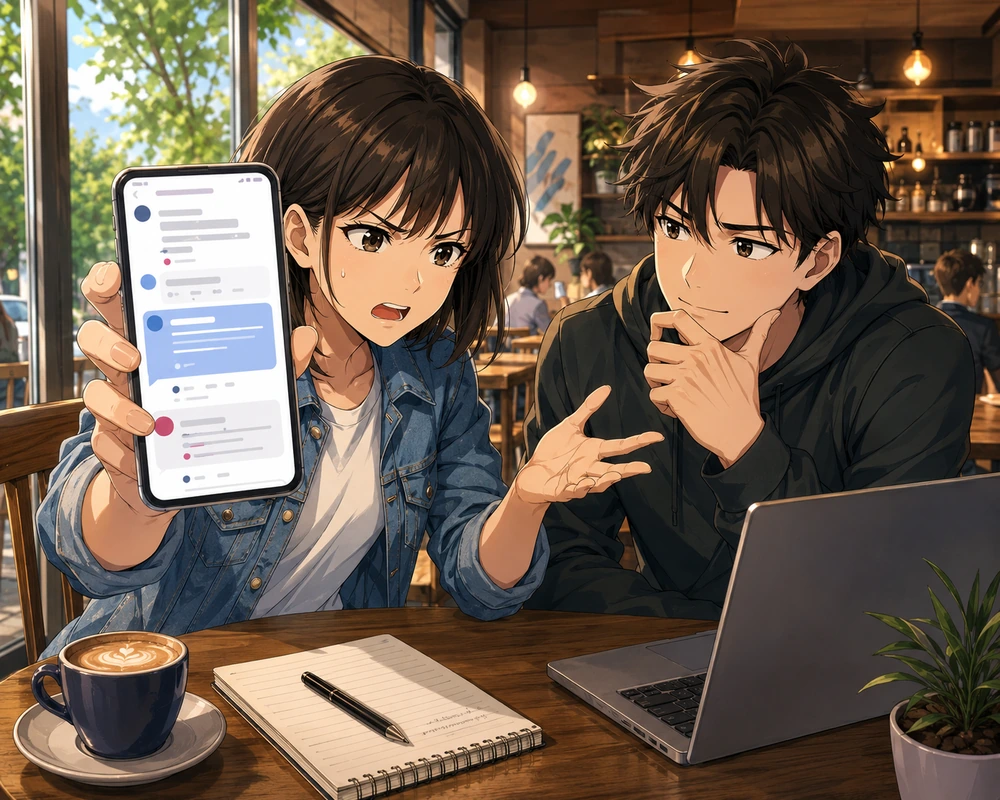 A frustrated customer in a café holds up a phone showing a comment thread while a friend listens beside a laptop.