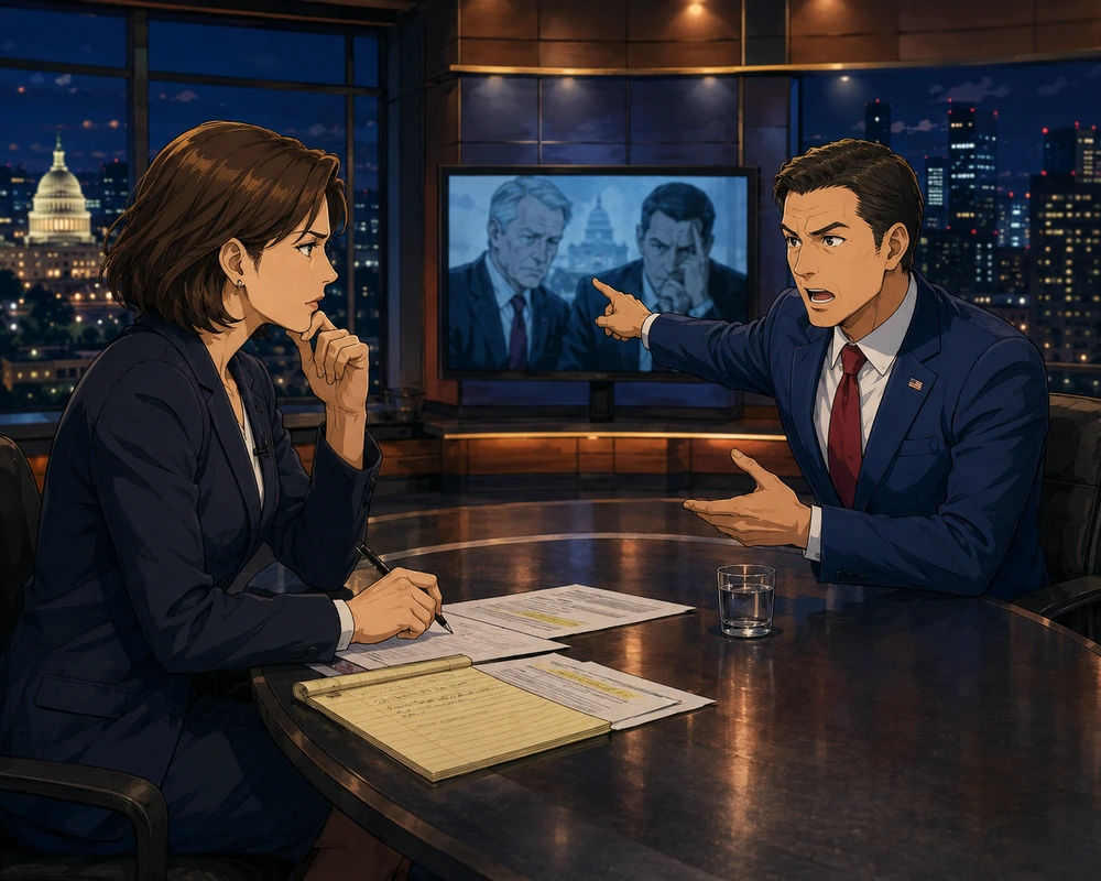 A television interviewer sits across from a politician who points toward a studio monitor displaying rival figures.