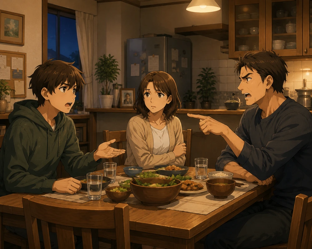 A family sits tensely around a dinner table while a father points across the table during an argument.