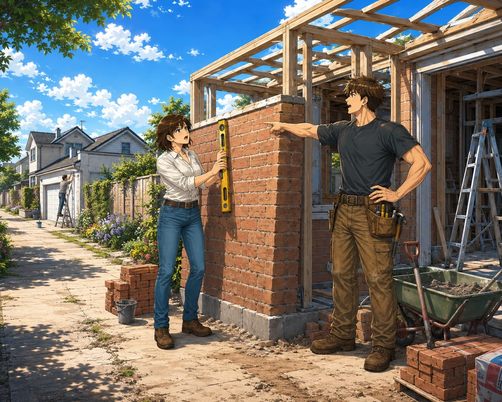 A woman checks a brick wall with a spirit level while a contractor points toward another property down the street.